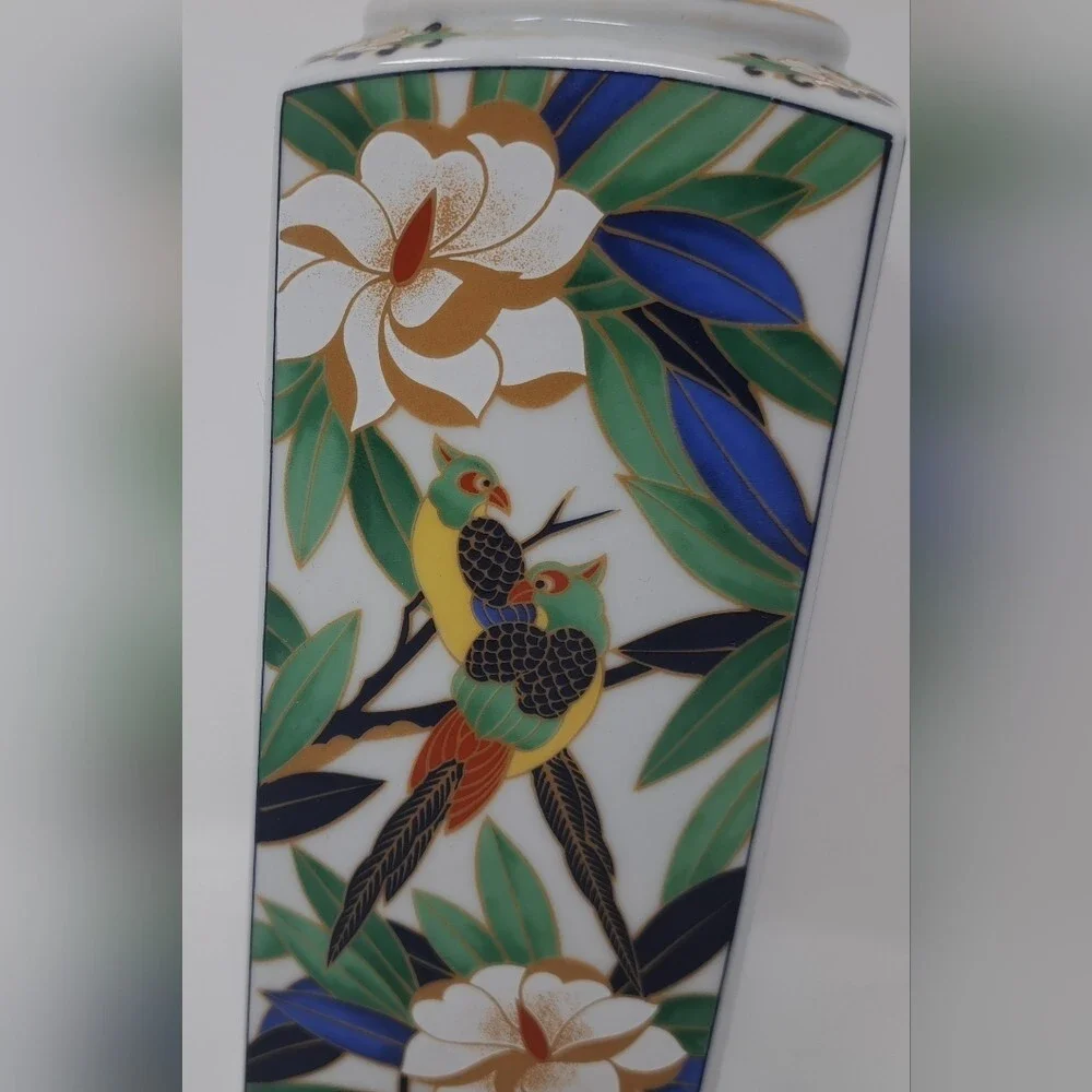 Vintage Takahashi Tropicale Vase Hand Decorated Parrots & Floral Japan 7